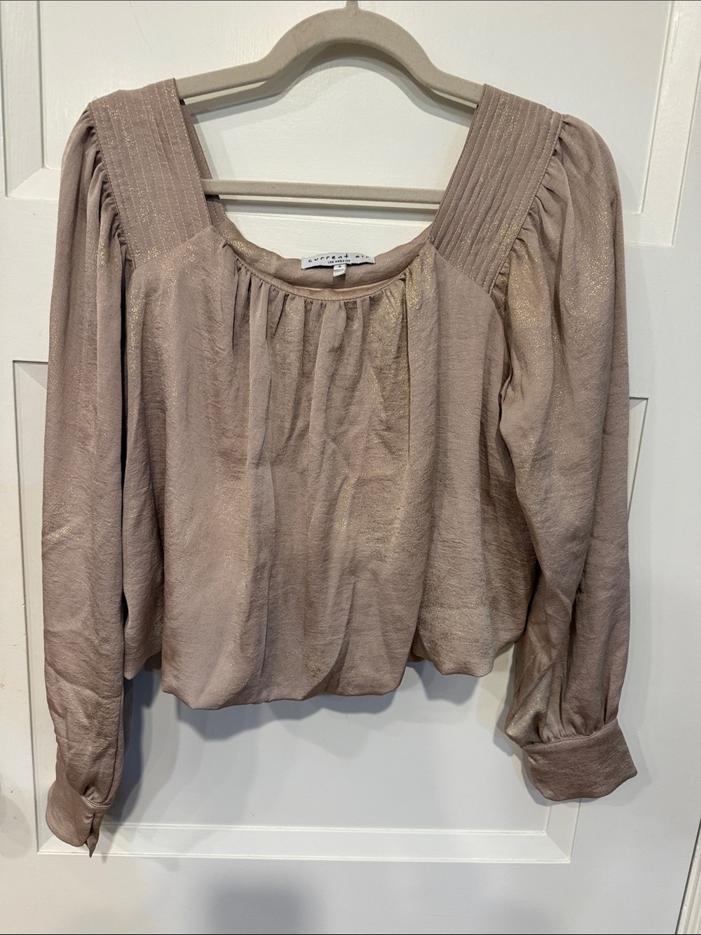Current Air Metallic Taupe Long-Sleeve Square Neck Blouse